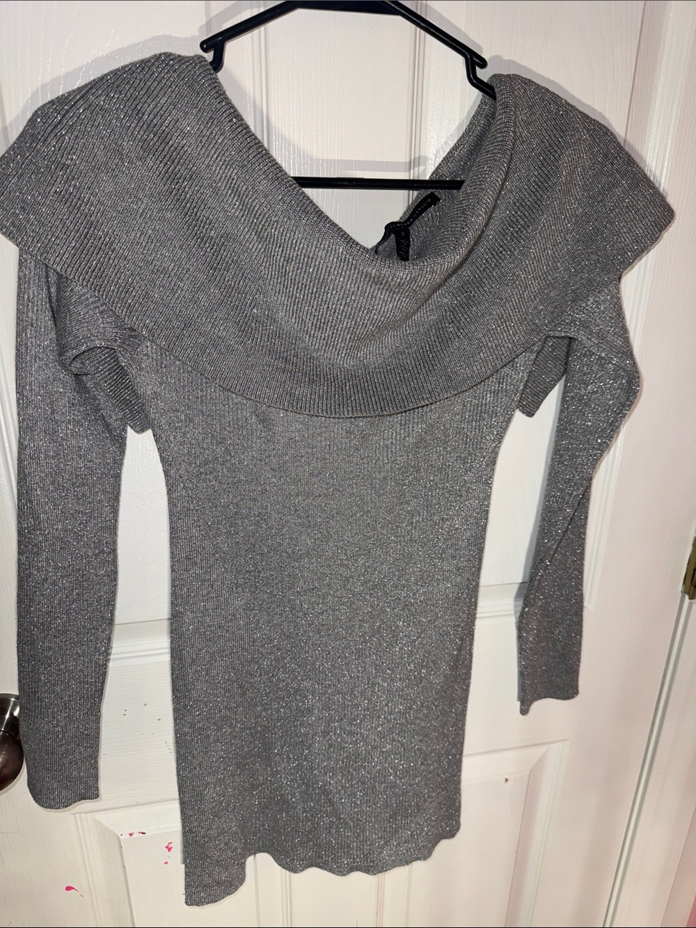 White House Black Market Silver Off-Shoulder Ribbed Sweater